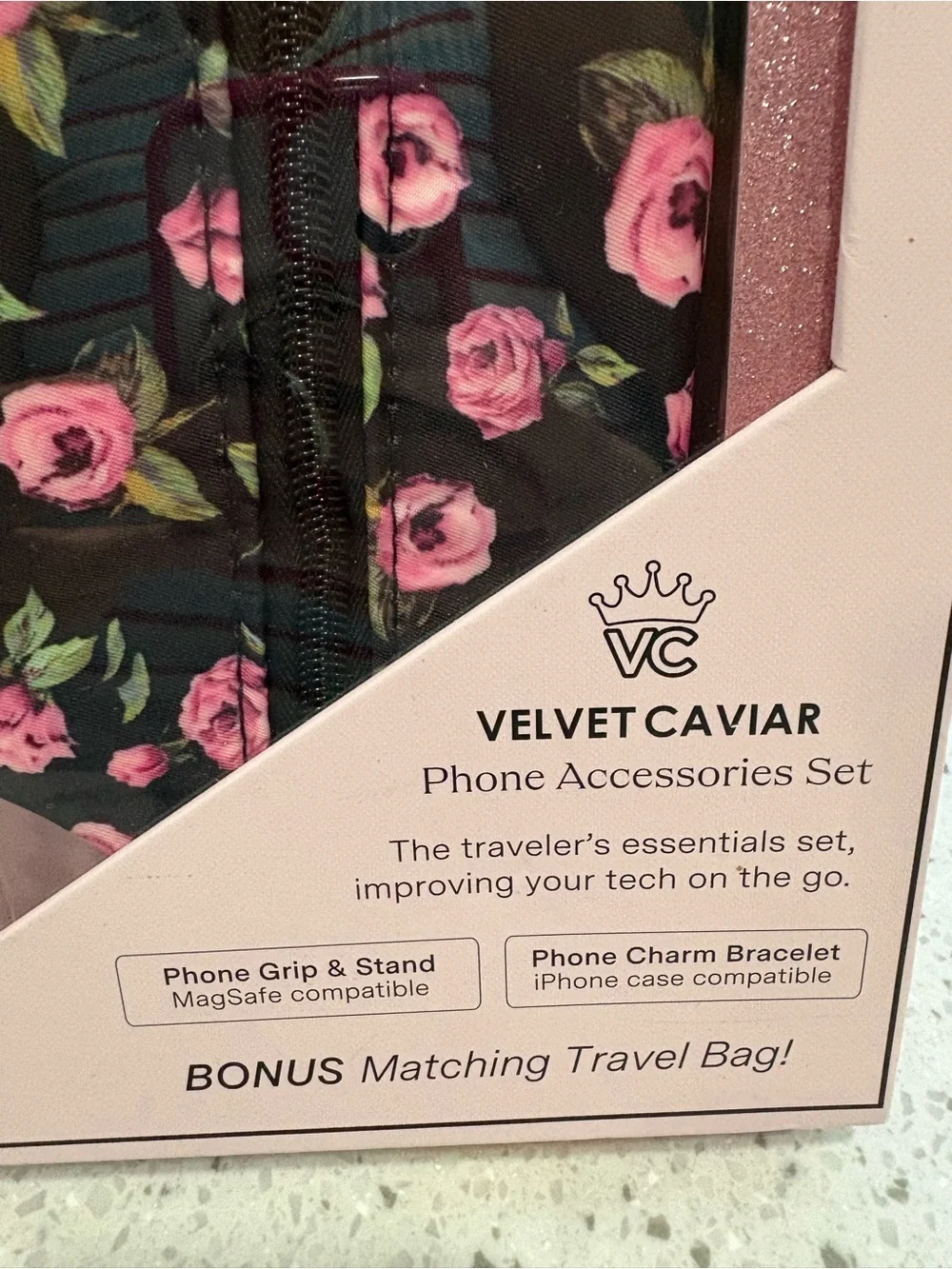 NIB Velvet Caviar Black & Pink Floral Phone Accessory Set
